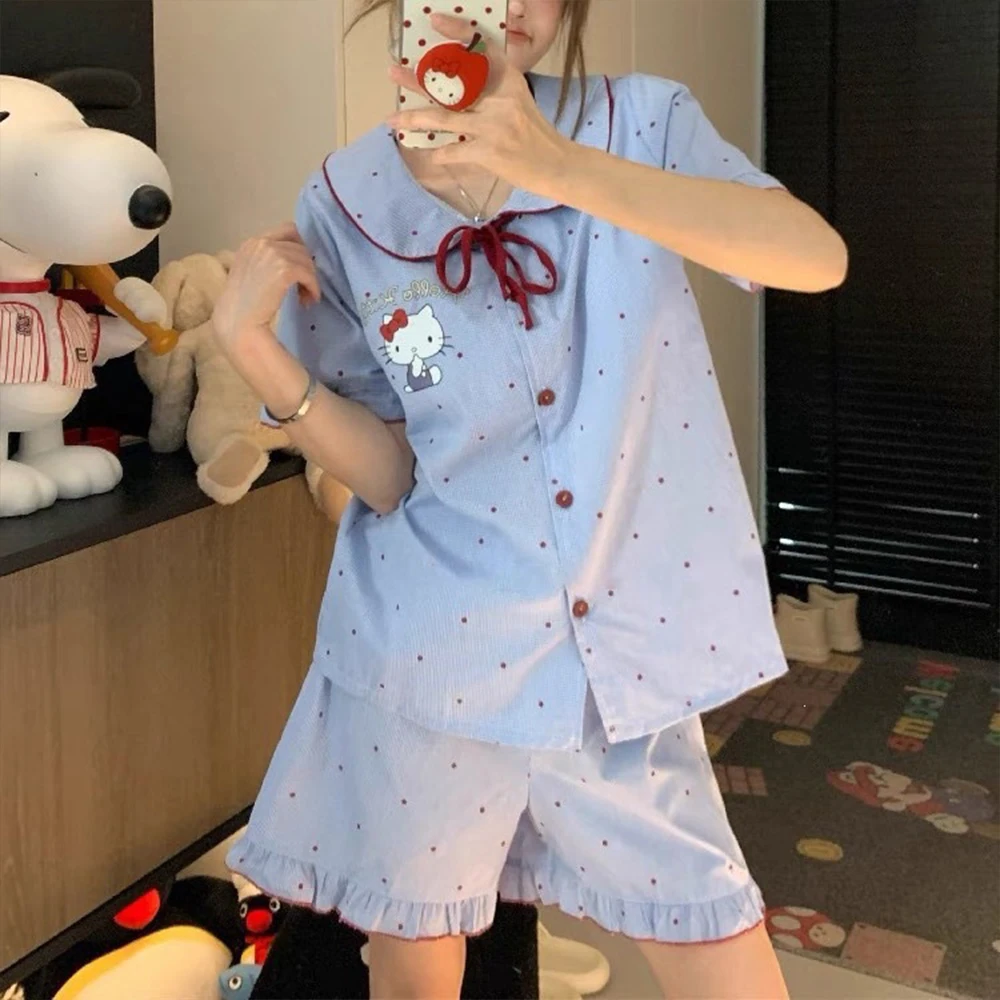 

2Pcs Sanrio Hello Kitty Women's Pajama Set Cute Fashion Blue Polka Dots Short Sleevepajama Soft Casual Student Home Clothes Gift
