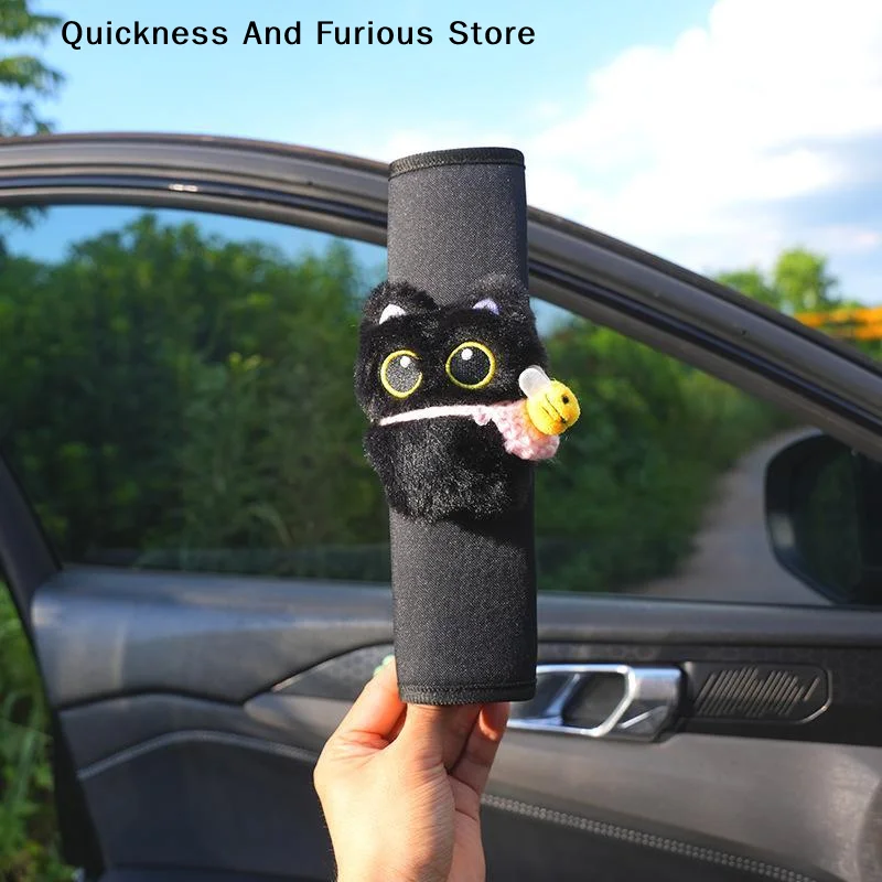 【MO】Cute Black Cat Plush Car Seat Belt Cover Soft Fabric Perfect For Daily Driving Car Decor