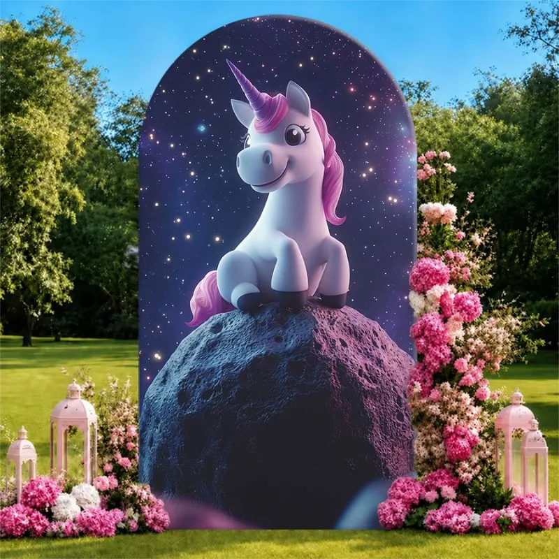 

Single Side Arch Backdrop Cover Magical Unicorn on Moon Rock Background Cloth for Elegant Party Decor with Starry Sky and Pink