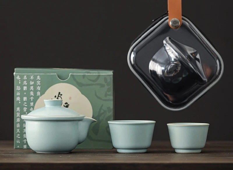 Ru Kiln Sky Blue Travel Tea Set Quick Guest Cup Outdoor Portable Tea Set Personal Dedicated Teapot Teacup Storage Travel Bag