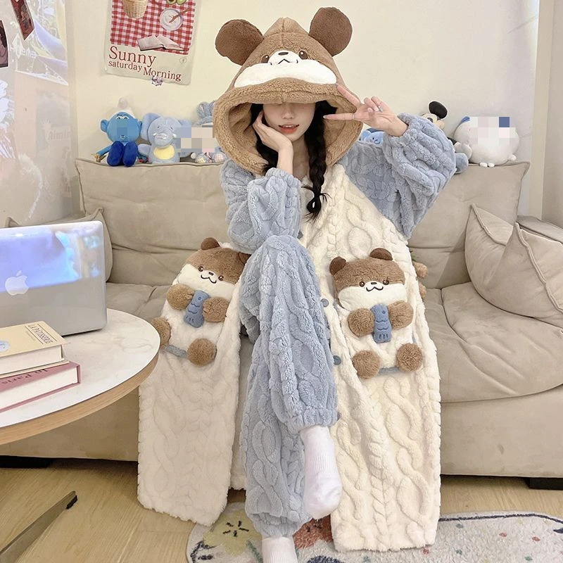 Autumn Winter Kawaii Cartoon Loungewear Women Thicken Warm Coral Velvet Long Nightgown Bath Robe Cute Loose Pajama Sets Homewear