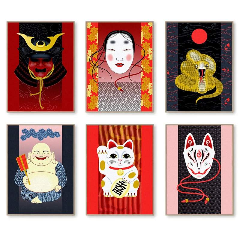 Japanese Spirit Posters Kokeshi Keaton Mask Prints Canvas Printing Vintage Wall Art Picture for Living Room Home Decor Gifts