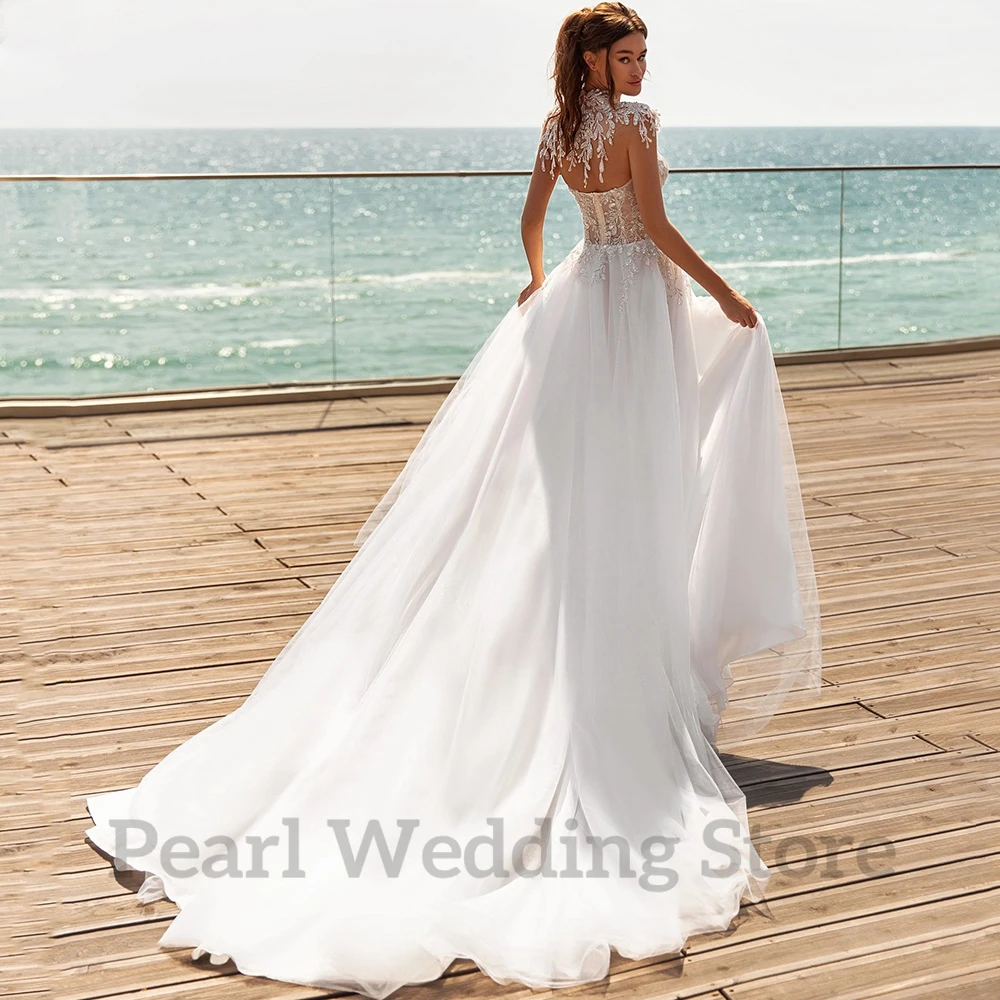 Superbe robe de mariée en Tulle style Boho, avec des appliques de perles, Sexy, fente latérale, plage, robe de mariage romantique, robe trapèze