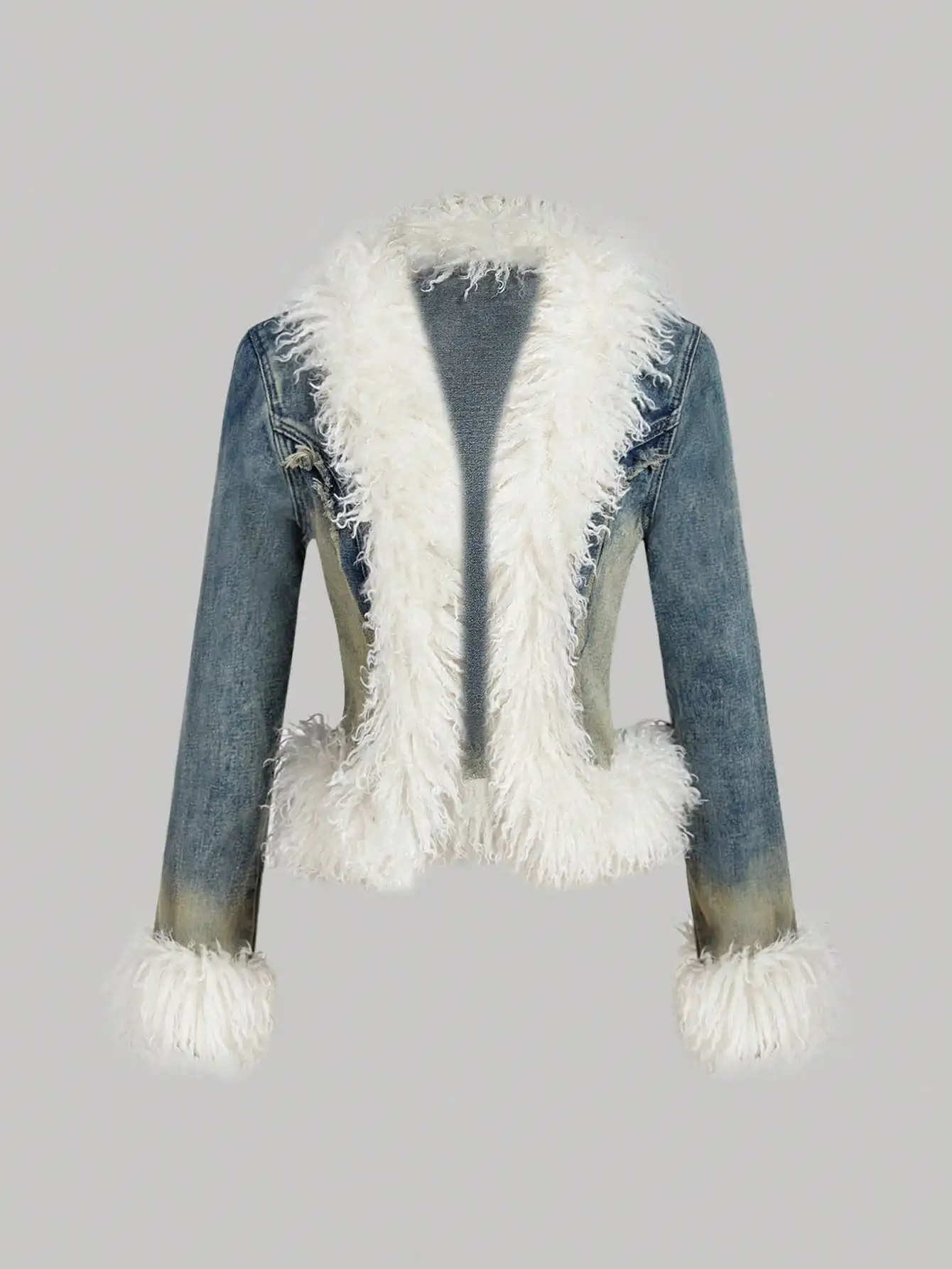 

Women's Denim Jacket with Fluffy White Faux Fur Trim, Cropped Style for Fall Winter