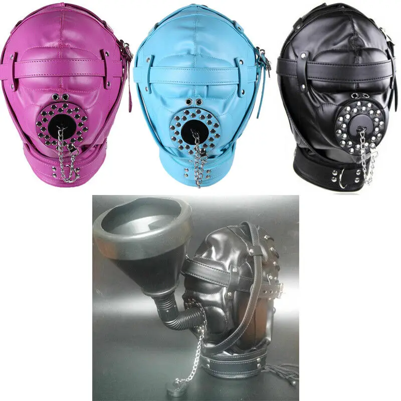 BDSM Bondage Headgear PU Leather Lockable Hood Mask with Openable Mouth Gag Funnel Sensory Deprivation Head Hood Sex Toy