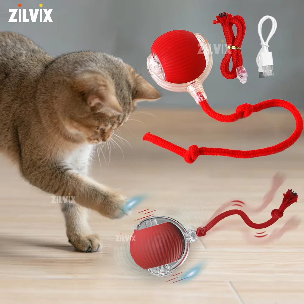 Bola rodante eléctrica inteligente para gatos, juguete interactivo automático para perros y mascotas con cola larga, recargable por USB