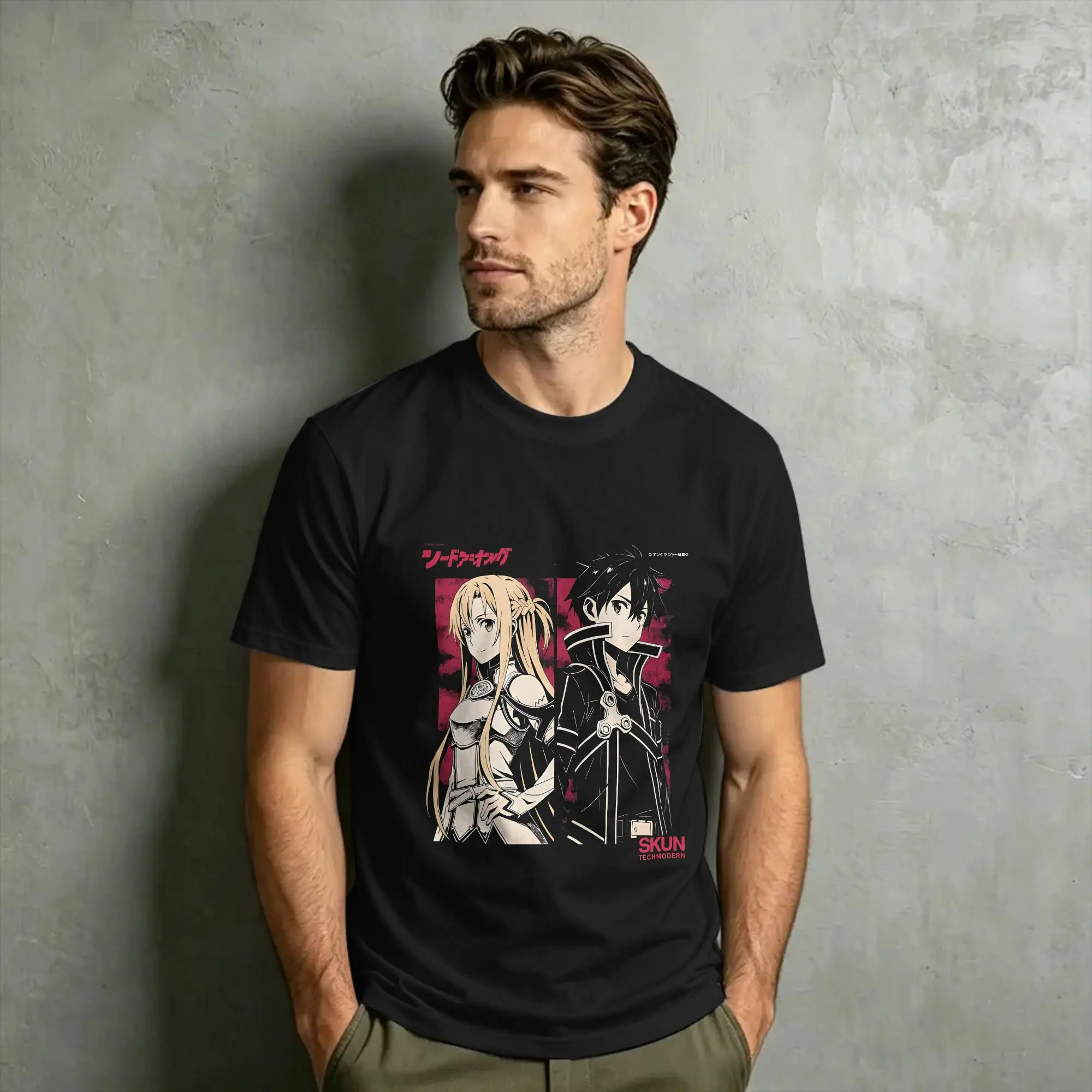 Vintage Anime kirito and asuna T-Shirt Men Round Collar 100% Cotton T Shirts  Short Sleeve Tees Original Clothing