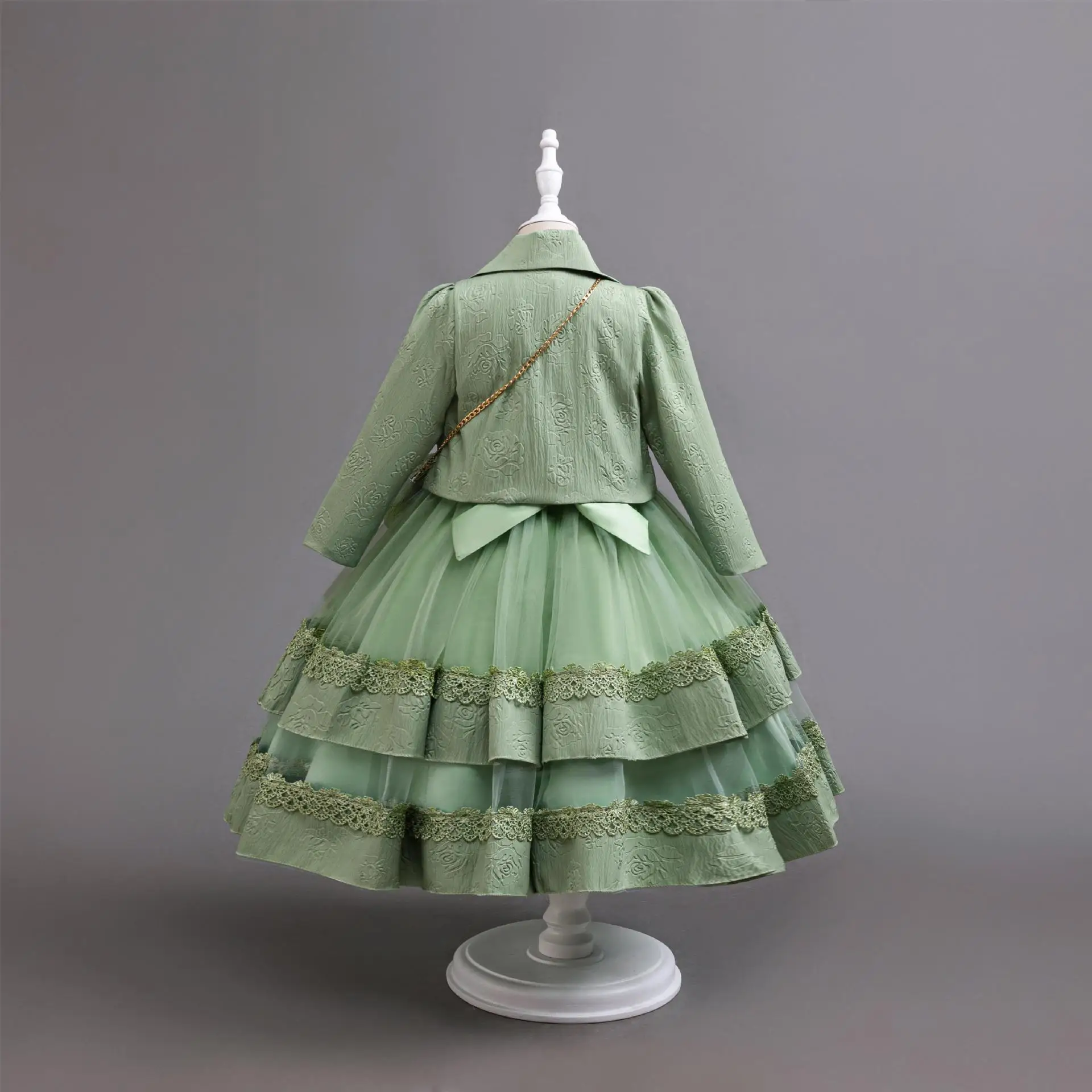 HETISO Green Baby Girls Princess Dress with Coat Bag Autumn Winter Kids Party Clothing Elegant Girl Children Beading Outfit