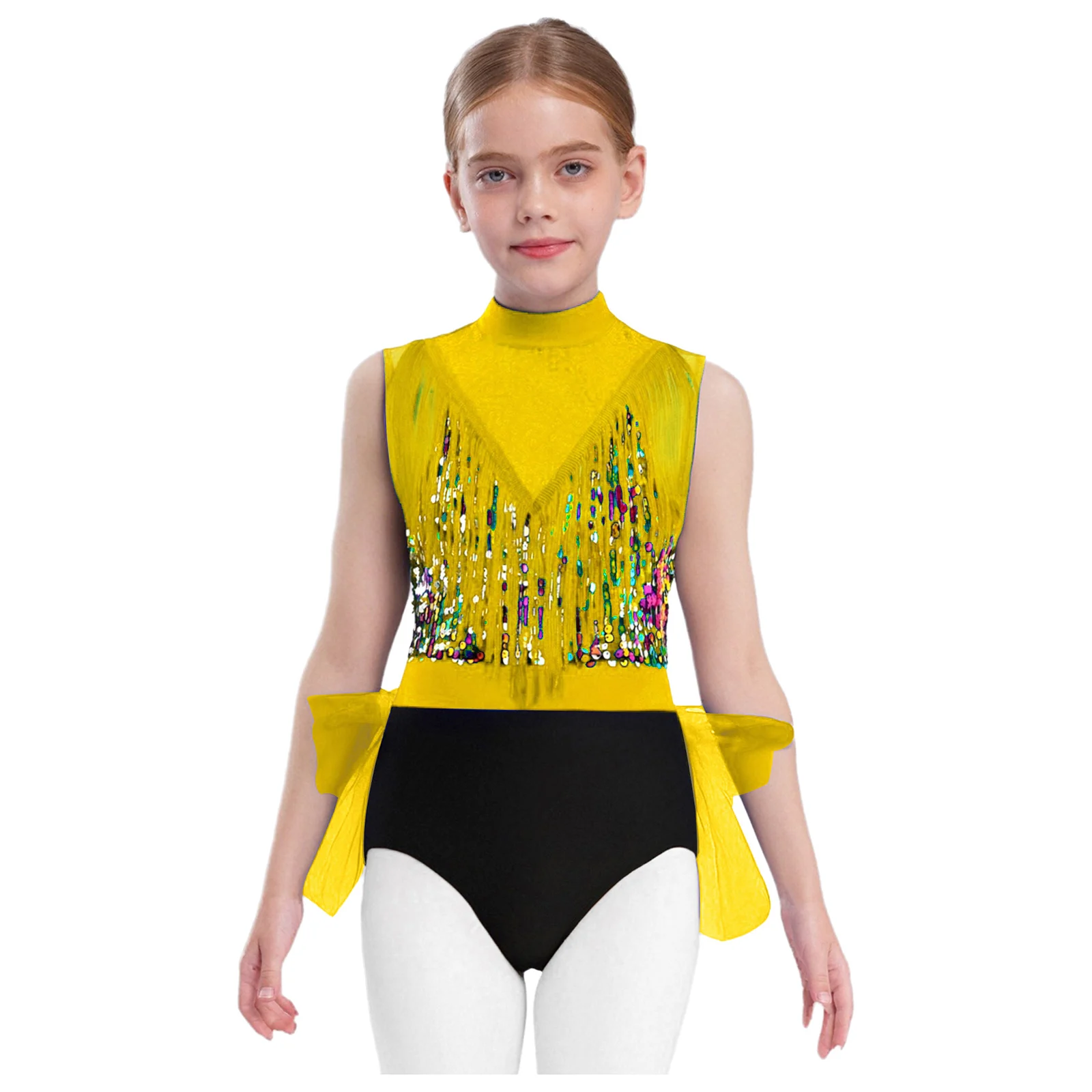 

Kids Girls Latin Jazz Ballet Stage Performance Costume Sleeveless Cutout Back Tassels Shiny Sequins Color Block Dance Dress