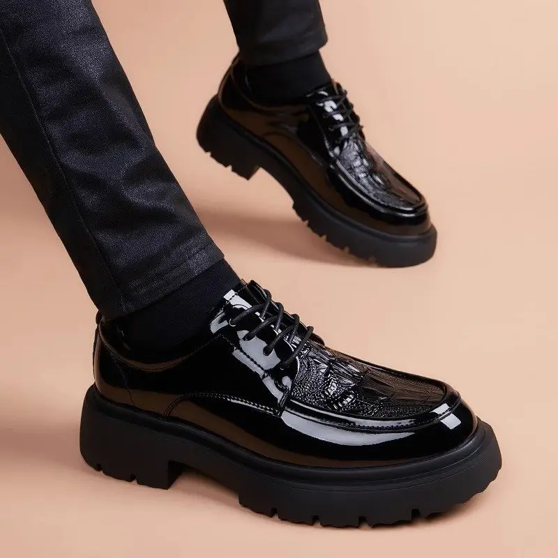 Designer British Business Genuine Leather Men's Shoes Round Toe Derby Work Dress Black Youth Thick Sole Wedding Shoes Male