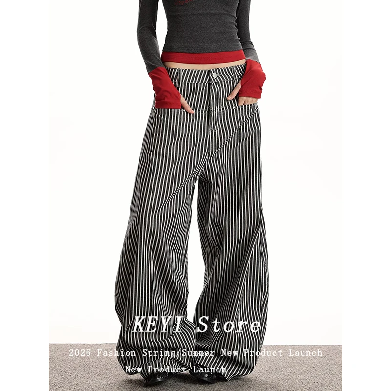 

American 2026 Spring Summer Vertical Stripes Knife Work Pants Loose Straight Leg Floor-Length Casual Trousers for Women