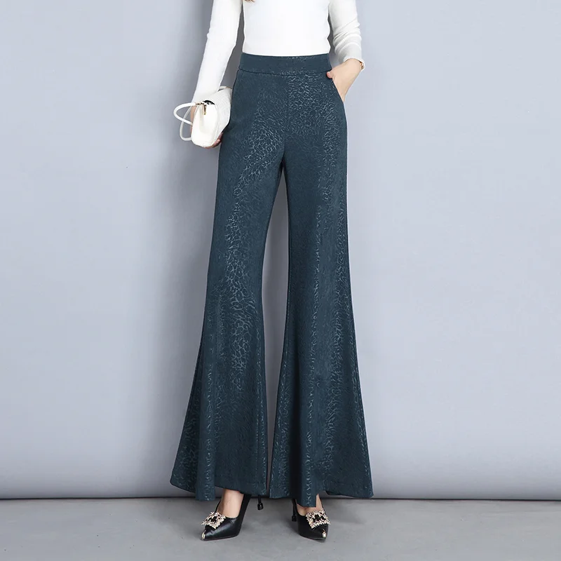 

Korean Fashion Autumn Winter New Flare Pants Women Solid Elastic High Waist Pockets Simplicity Loose Wide Leg Fish Tail Trousers