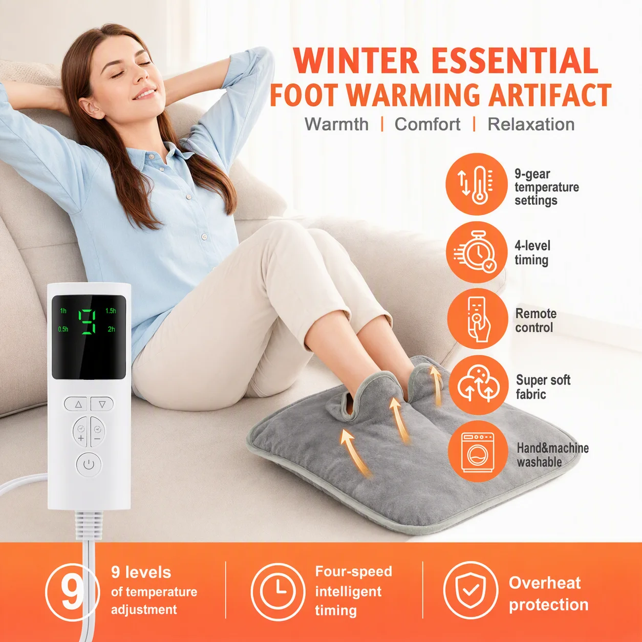 Foot Warmer Under Desk, Electric Heating Pad 9 Levels 4 Timer Machine Washable Soft Foldable for Office Home Winter Grey