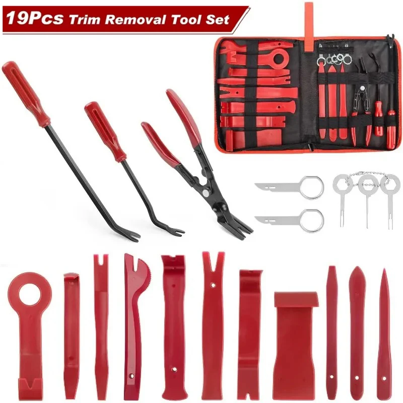 19Pcs Auto Trim Removal Tool Kit Panel Pry Tools with Metal Clip Pliers Radio Release Keys Car Door Dash Audio Disassembly Tools