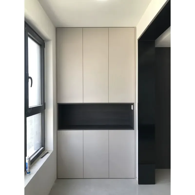 Modern Handleless Wardrobe with Open Shelf Floor-to-Ceiling Grey Closet for Balcony Cabinet Custom
