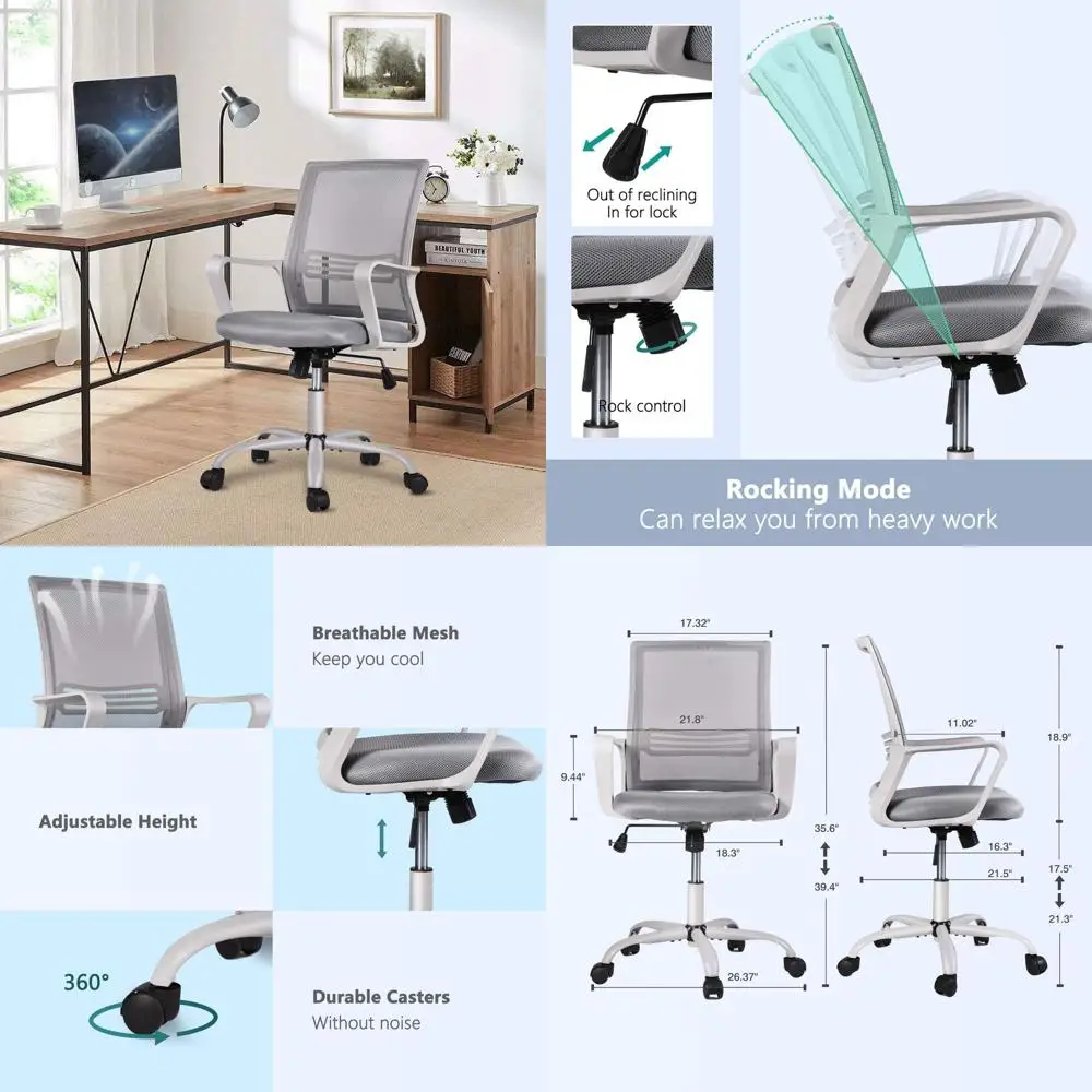 

Эргономичное офисное кресло с сетчатой спинкой, поясничной поддержкой, регулируемыми подлокотниками, поворотным механизмом и колесиками для дома и офиса, серое