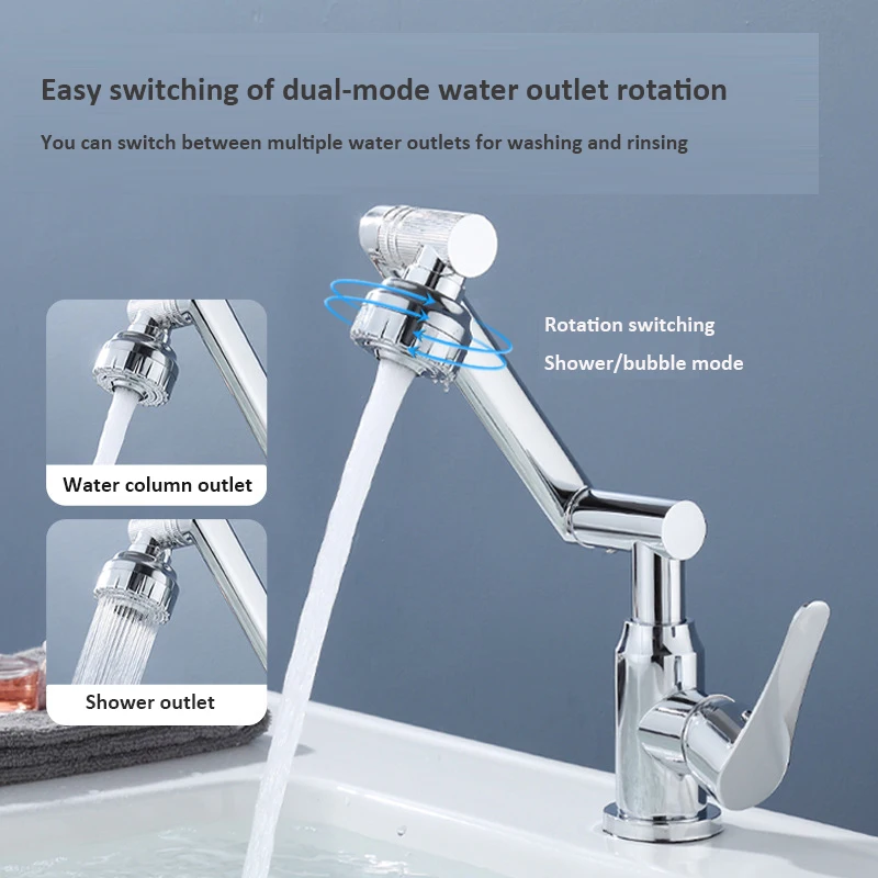 

Universal Rotating Mechanical Arm Faucet for Bathroom Kitchen Splashproof Countertop Basin Hot Cold Tap Accessory