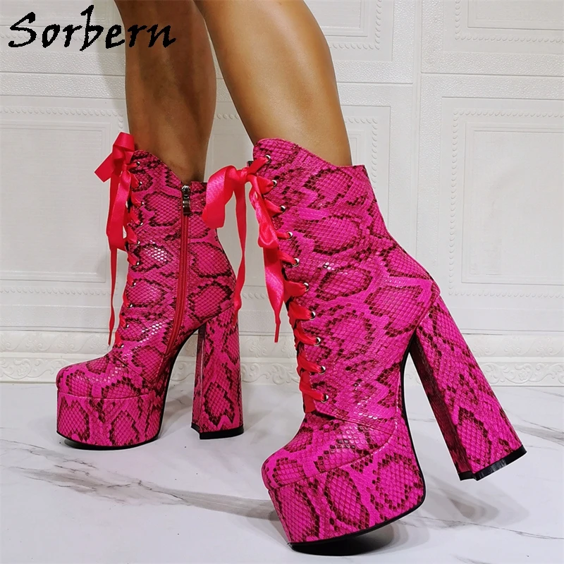 

Sorbern Hot Pink Python Ankle Boots Women Crossdresser Drag Quen Shoes Block High Heel 15Cm Platform Booties Satin Platform