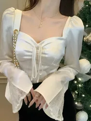Korean Satin Square Collar Ladies Blouse Elegant Lace Splicing Casual Female Tops Spring Fashion Bell Sleeves Slim Women Shirt