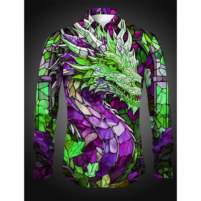 3D Print Abstract Dragon Graphic Shirts For Men Casual Oversized Turndown Long Sleeve Shirts Mens Button Down Blouse Tshirt