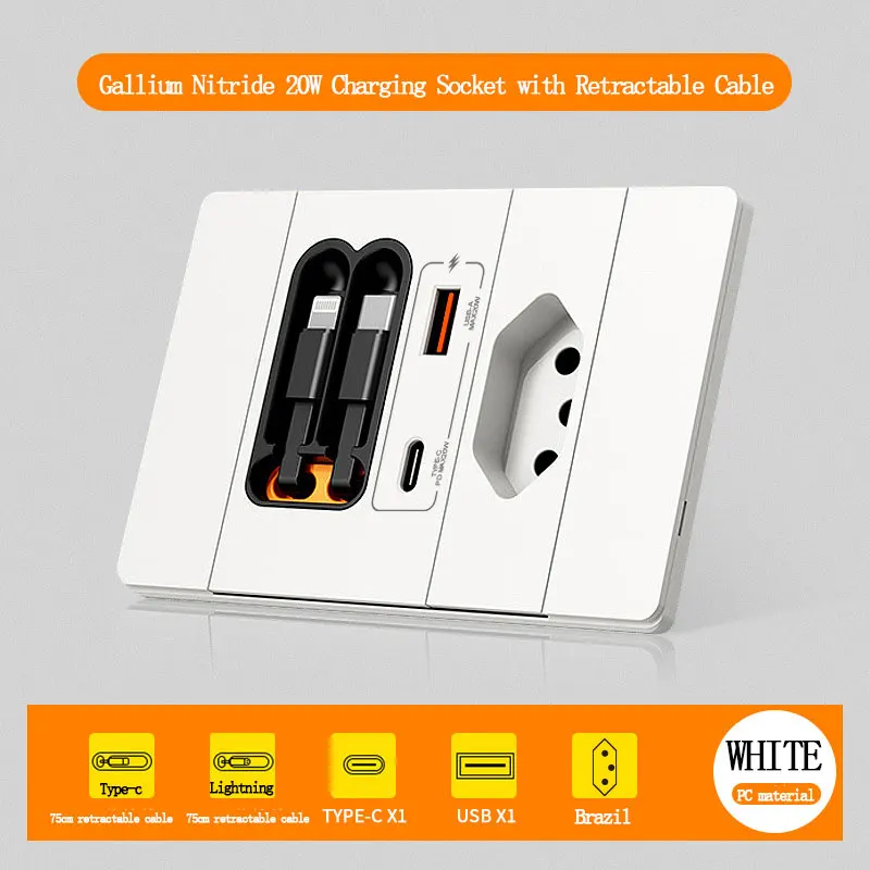 Tomada de parede tipo brasileiro 118, com nitreto de gálio, tomada de carregamento usb com cabo retrátil, 75cm, tipo-c, 20w, carregamento rápido