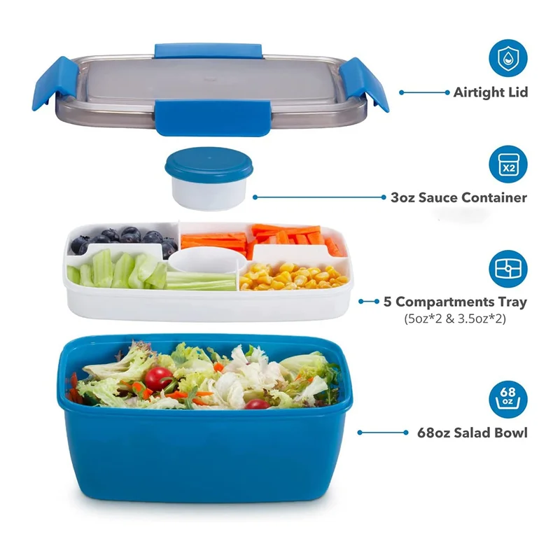 AT13 Adult Lunch Box, 2000 Ml, Lunch Box with Compartments, 2-Tier Salad Box to Go, Large, Sustainable, Leak-Proof Blue