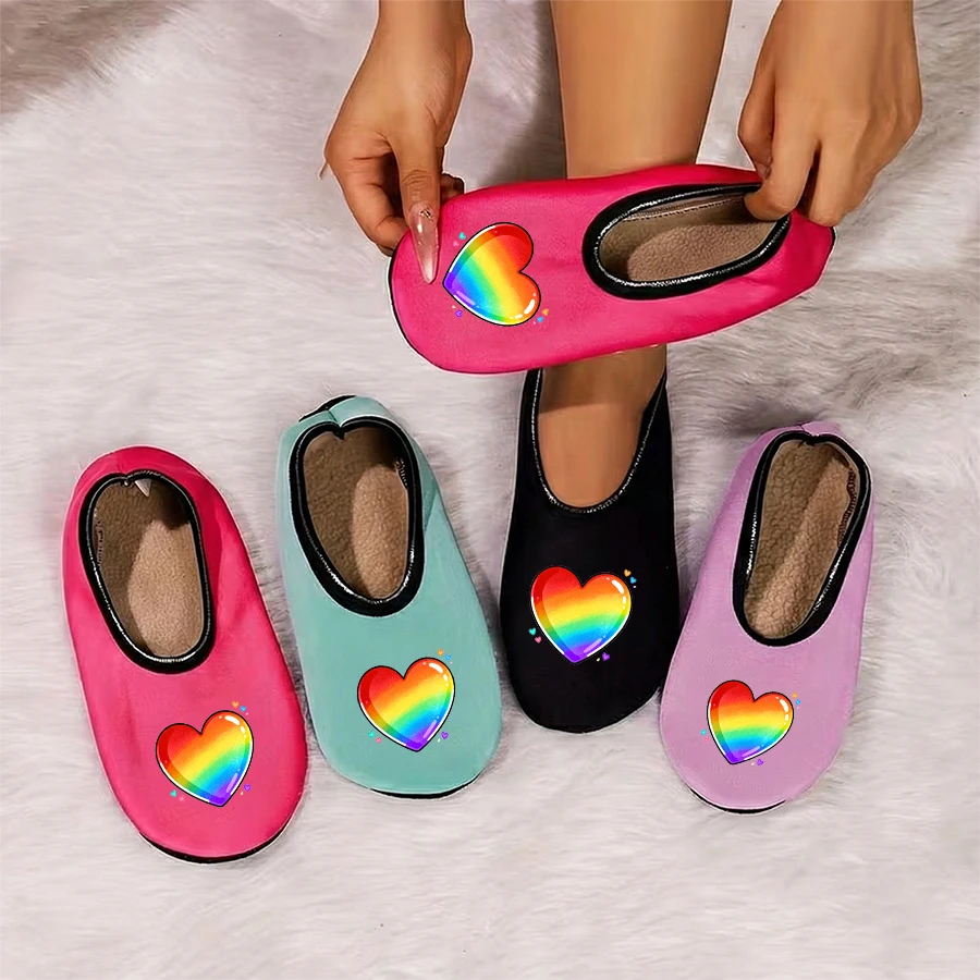 

Four season wearable women's cute colorful heart pattern printed velvet breathable high elasticity indoor floor slippers