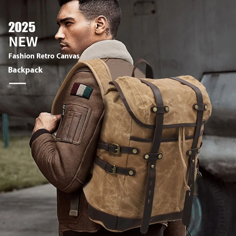 

Retro Canvas Backpack Casual Outdoor Travel Bag Waterproof Oil Wax Computer Bag Double Shoulder Men's Bag Leisure Bookbag