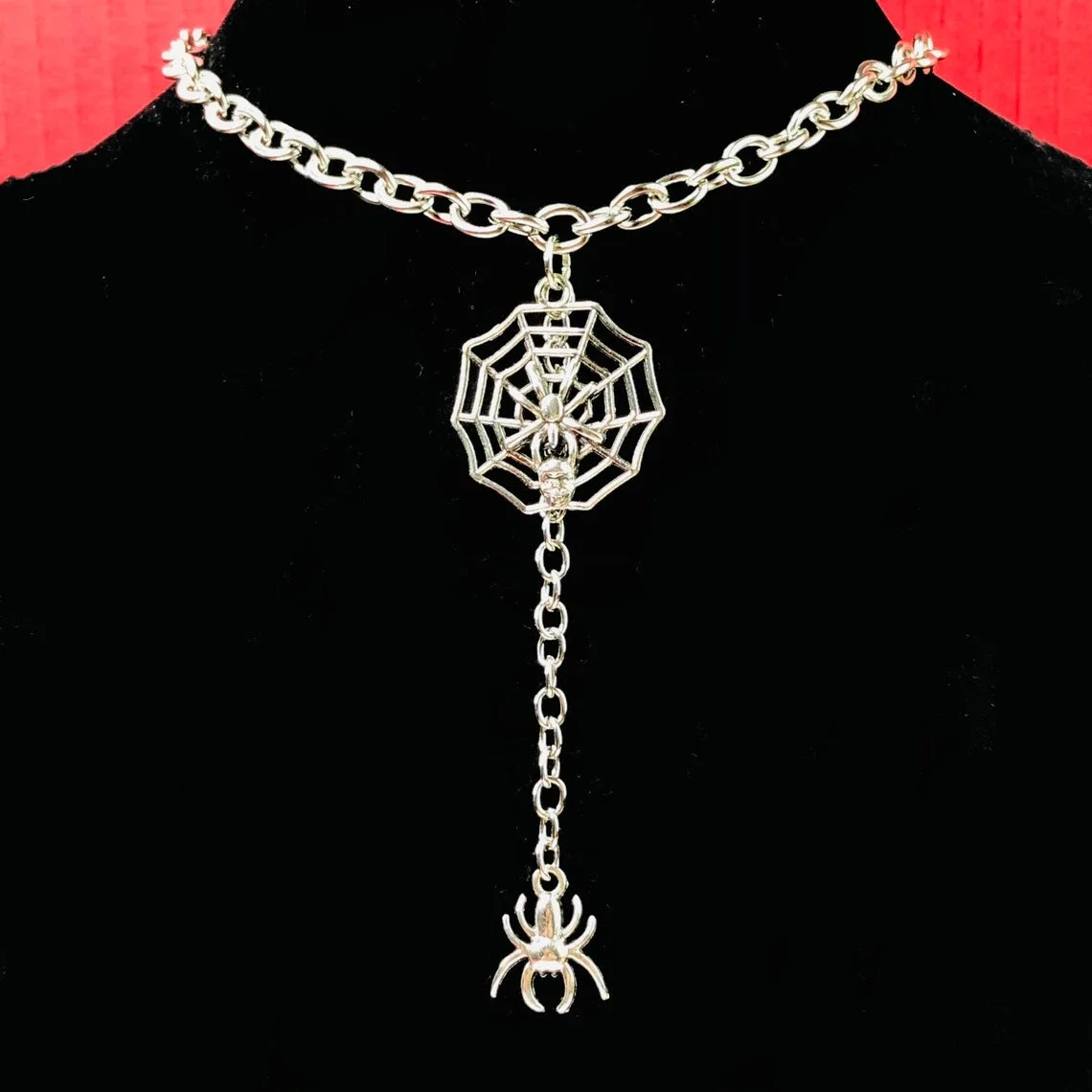 Gothic Silver Spider and Spiders Web Pendants Necklace