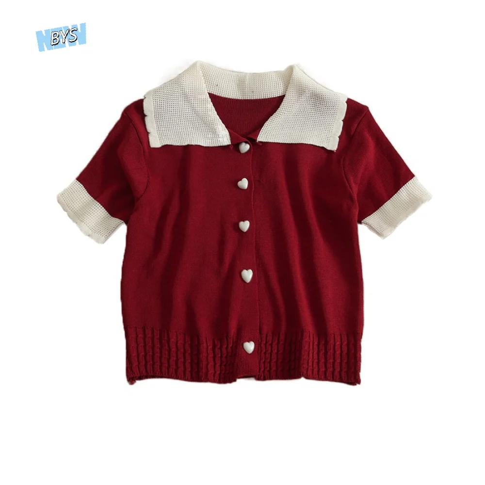 

Fashion Lapel Knit V-neck T-shirt Love button Korean Style Women's Slim Crop Tops Streetwear Patchwork Short Sleeve Tops Summer