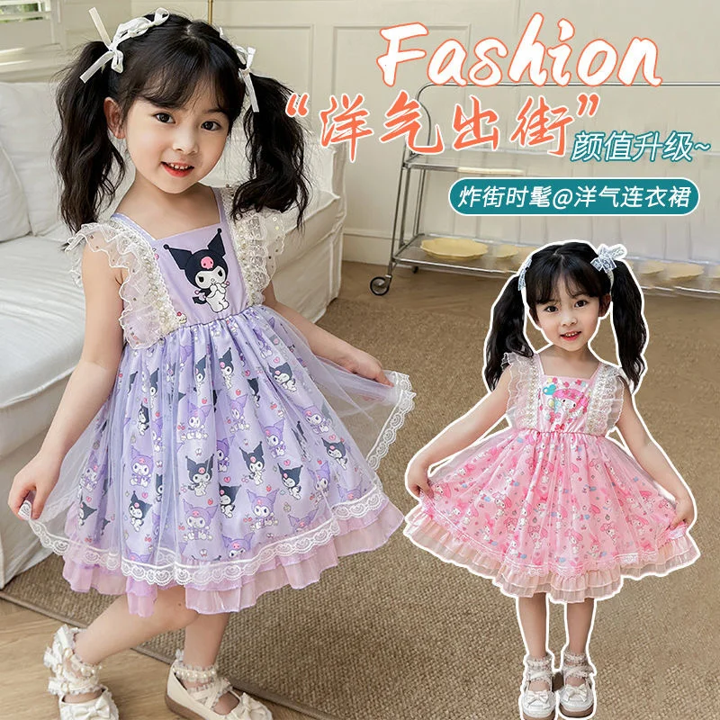 

2024 Summer Sanrio Baby Girls Dress New Kids Kuromi MyMelody Lace Sleeveless Lolita Princess Dresses Children Party Costumes