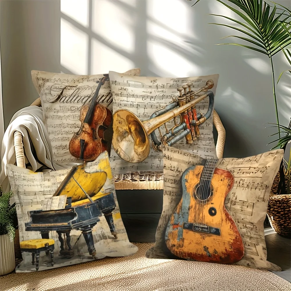 1PC 2D Flat Vintage Musical Instrument Throw Pillow Covers Retro Sheet Music Cello Trumpet Piano Guitar Cushion Cases for Home