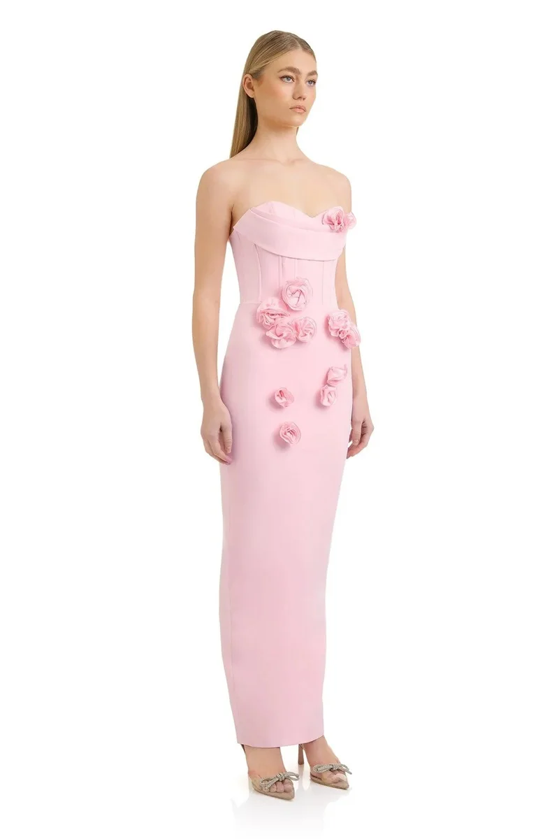 Elegant Pink Prom Dress Sexy Strapless 3D Flower Long Summer Bandage Party Evening Gown Formal Sheath Sleeveless Birthday Robe