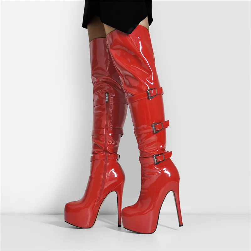 Onlymaker Women Platform Round Toe Stiletto Side Zipper Over The Knee High Boots Patent Leather Red Fashion Sexy Winter Boots