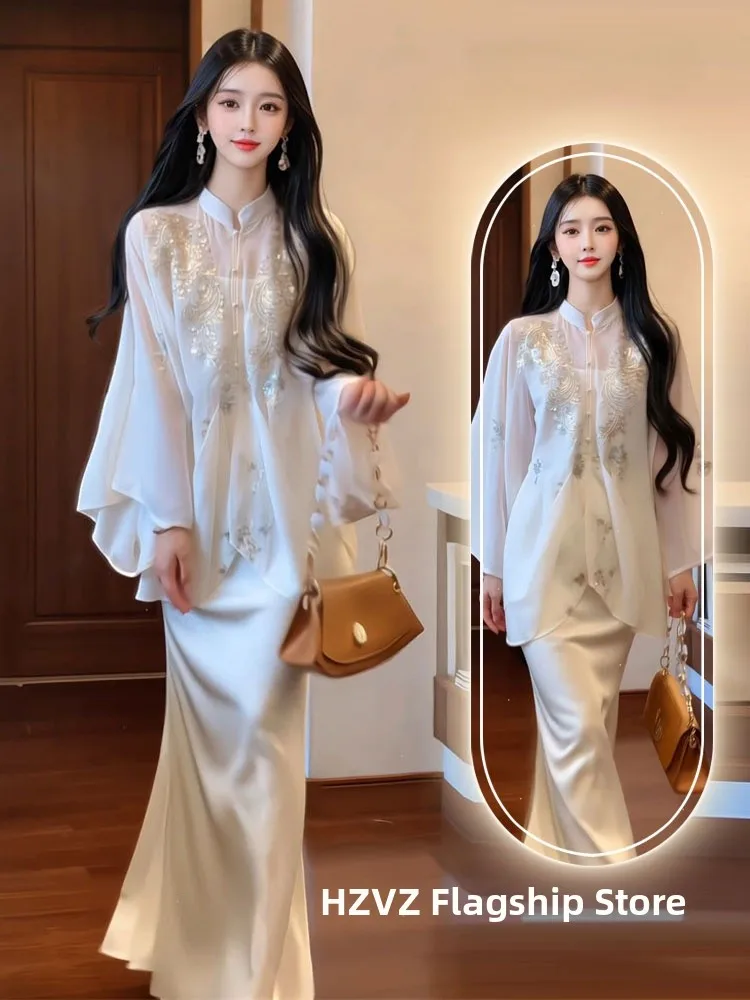 

plus Size Women's New Chinese Style Settled in Korea Loose Fit Lace Splice High Waist Long Sleeve A-Line Skirt Two-Piece Suit