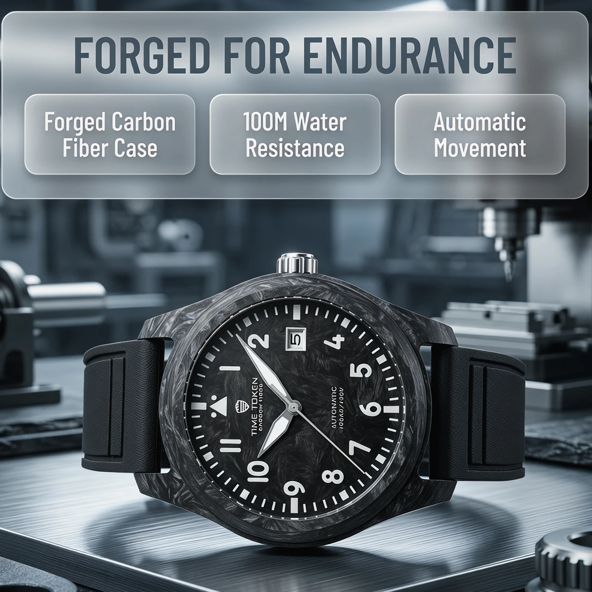 TIME TOKEN 2026 New Carbon Fiber Men's Watch 40mm Automatic Mechanical Watch 100M Waterproof Wristwatch Calendar Watch T537