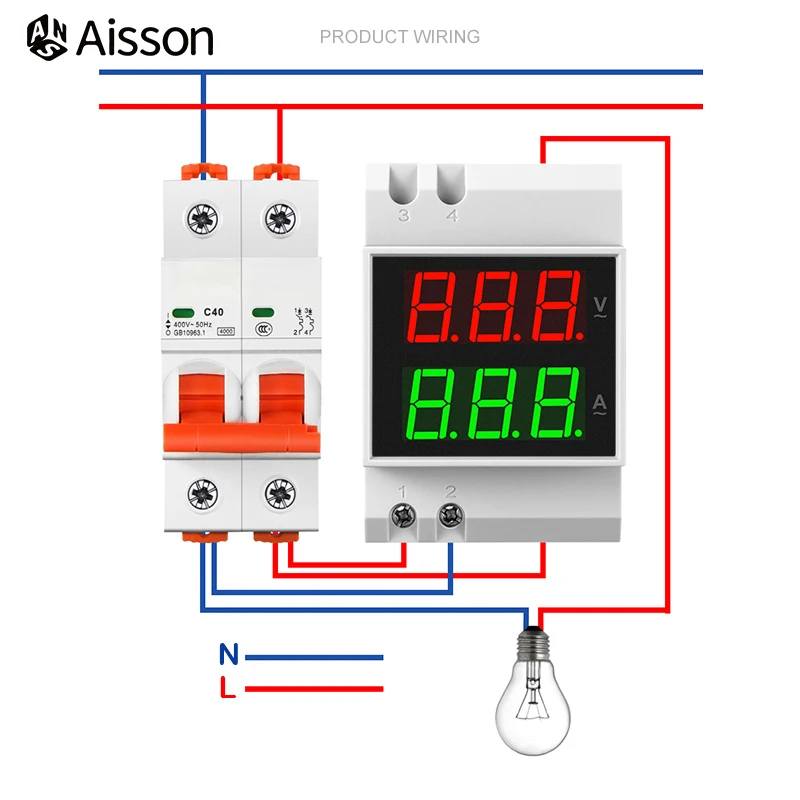 D52-2042 AC Voltmeter Ammeter Digital LED Display AC80-300V 220V 0-99.9A Voltammeter Electric Current Meter Din Rail