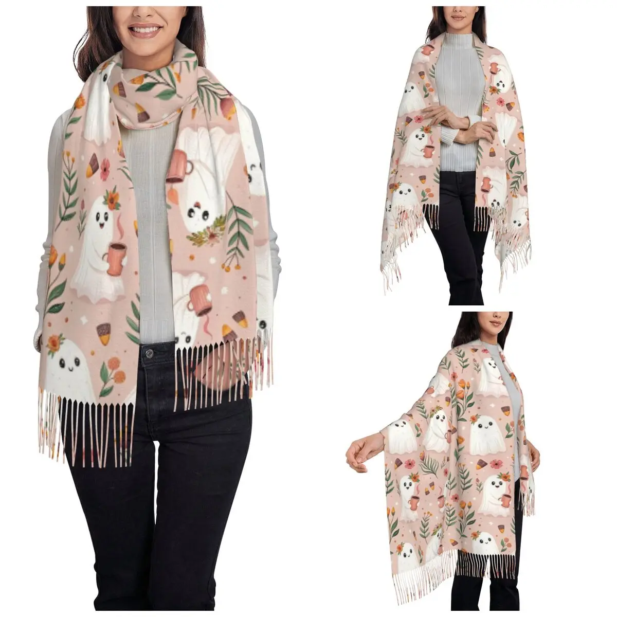 Women's Tassel Scarf Halloween Cute Ghosts Foral Single-sided Pattern Winter Warm Shawl and Wrap Gifts Cashmere Scarf