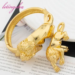 18K Gold Plated Big Bangle Fashion New African Lion Bangle Ring Set Bracelets Luxury Wedding Party Gift Jewelry