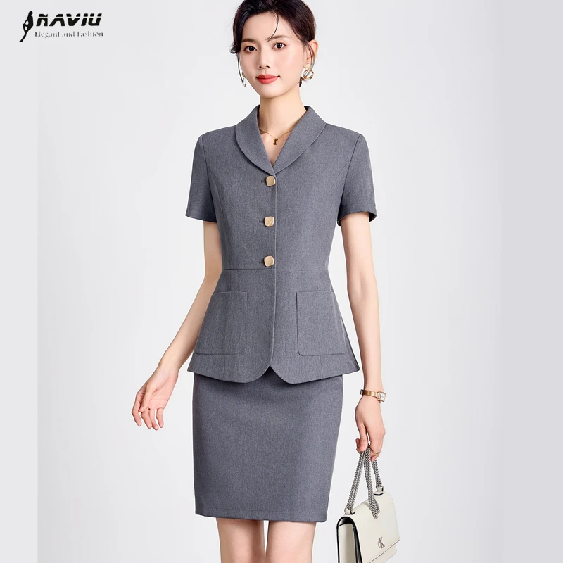 NAVIU ฤดูร้อนใหม่ Professional สีเทาชุดใหม่อารมณ์สง่างามธุรกิจ Slim Blazer และกระโปรงสํานักงานสุภาพสตรีชุดทํางานสีดํา