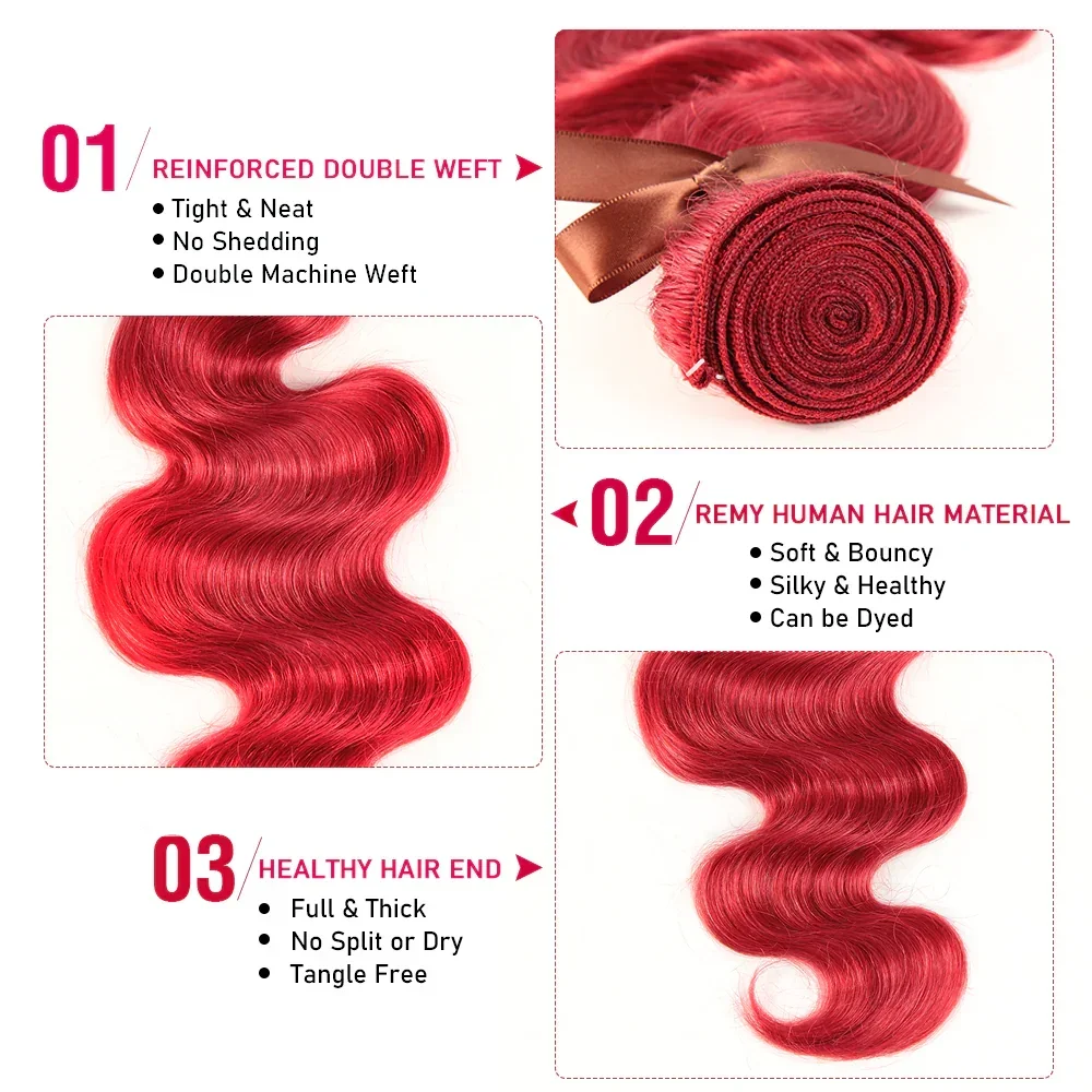 Fasci di onde del corpo brasiliani di colore rosso con chiusura estensione dei capelli Bunldes del tessuto dei capelli di Remy per le donne nere 3 fasci di capelli umani