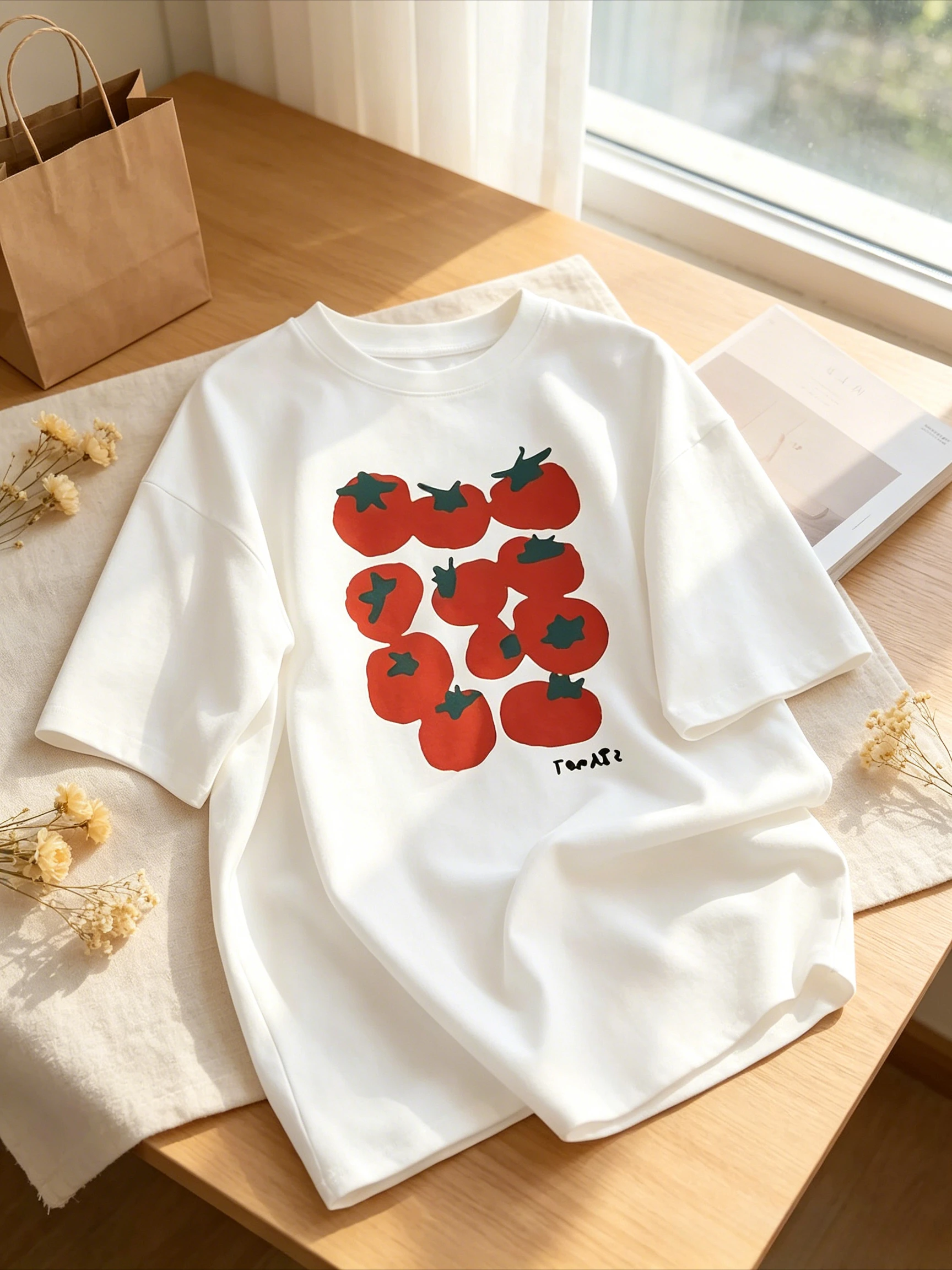 2026 Women Hand Drawn Tomato Graphic T Shirt Cute Red Fruit Art Print Crew Neck Casual Short Sleeve Tee Top
