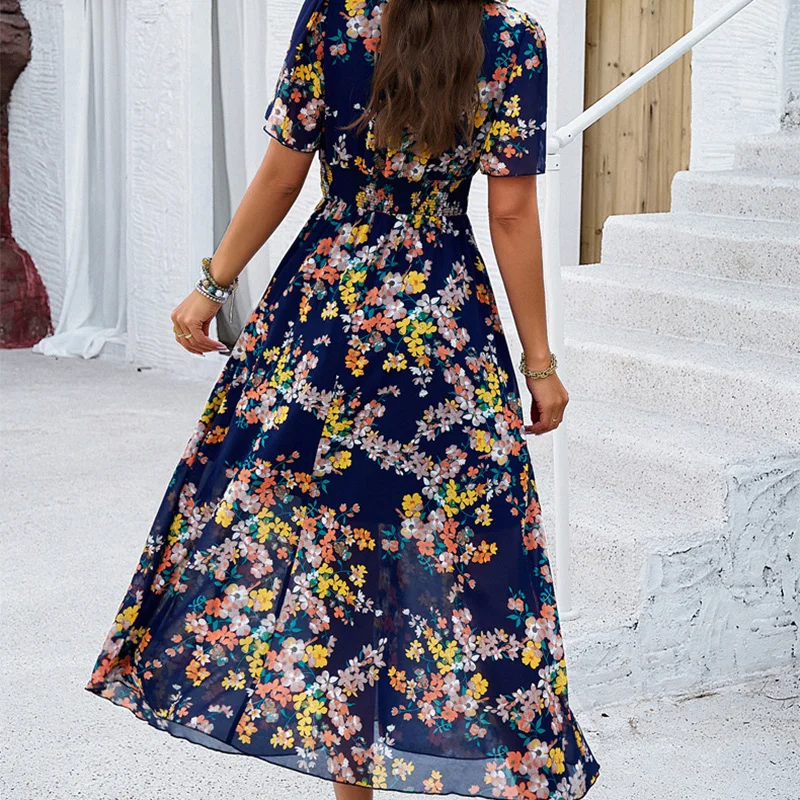 أنيقة بوهو المرأة الصيف فستان طويل عادية الأزهار المطبوعة شاطئ فستان الشمس الخصر Cinched قصيرة الأكمام ماكسي فساتين Vestidos