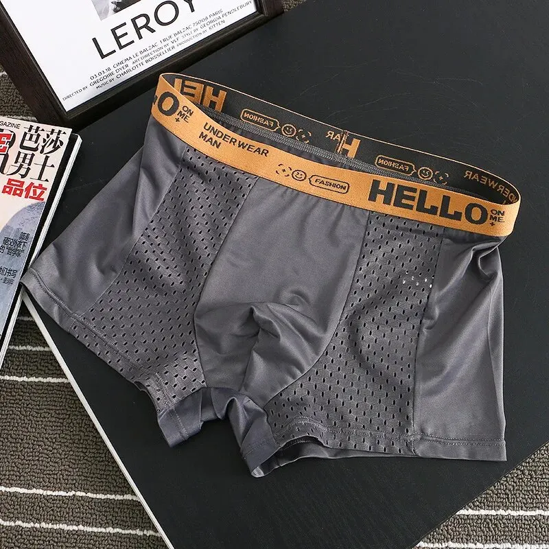 [4 Pack] Men\'s Underwear Ice Silk Mesh Hole Solid Color Comfortable Boyshort Letter HELLO Underpant Briefs