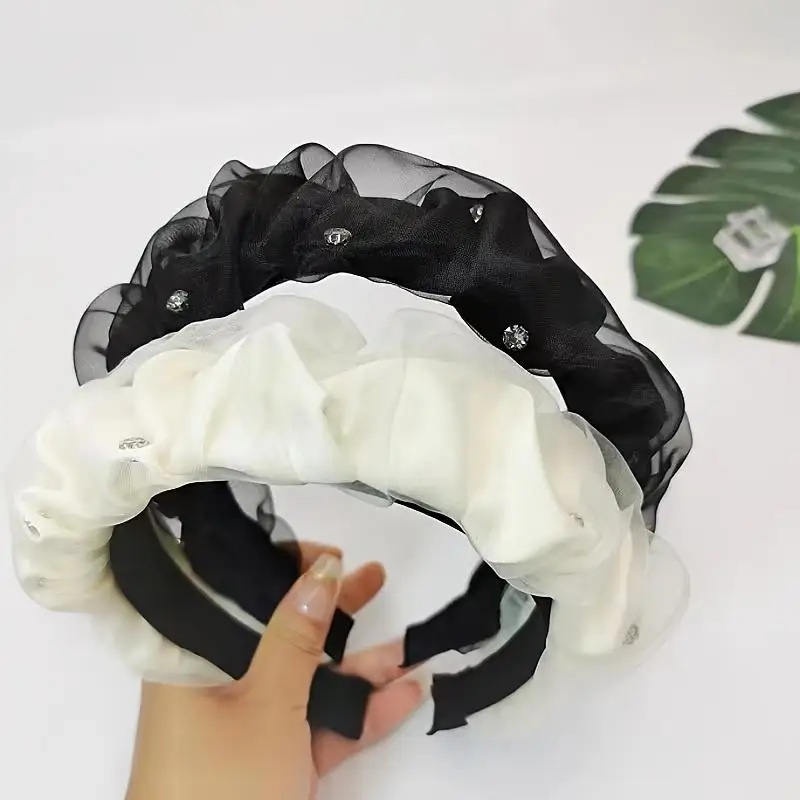 1 шт. женская сетчатая черно-белая широкая повязка для волос с бриллиантами, простая и элегантная для повседневных вечеринок