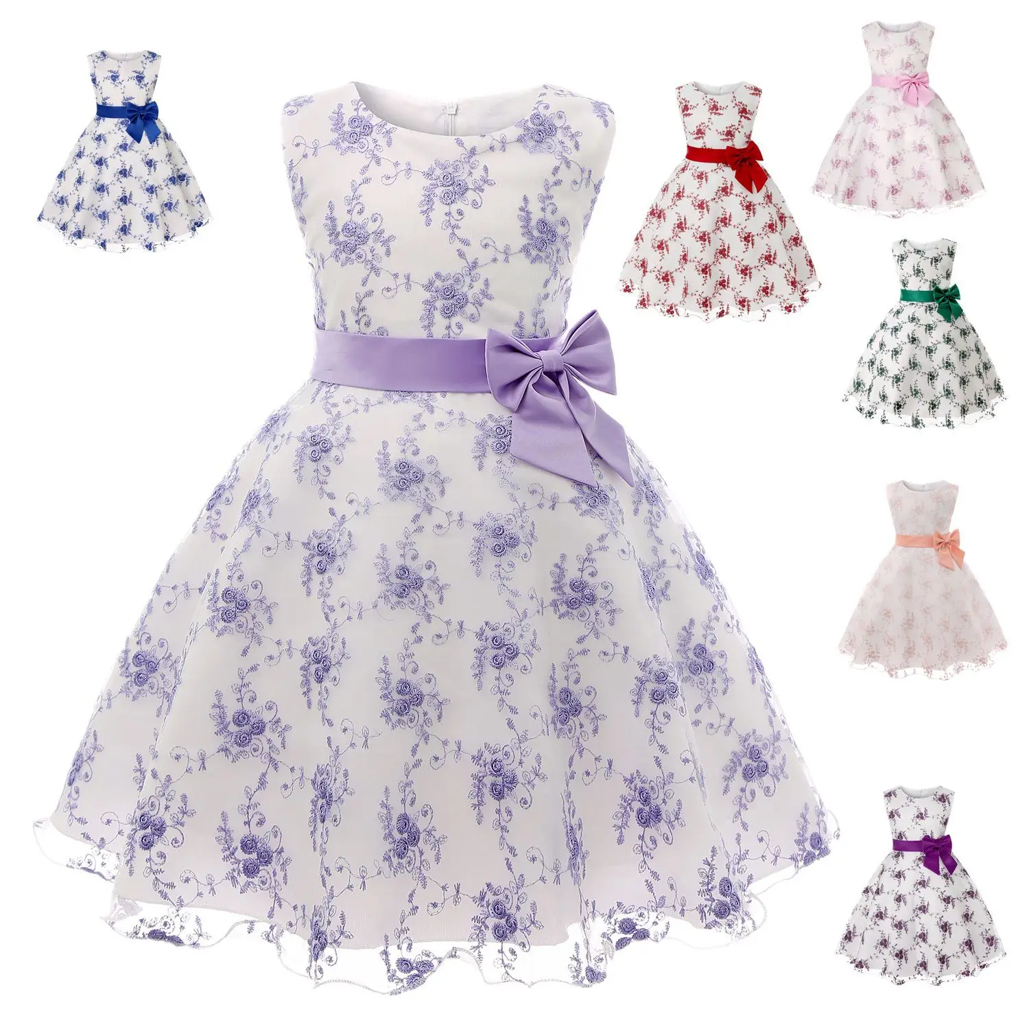 Robe tutu en tulle violet clair pour filles, broderie de fleurs, robe de Rhpour enfants, robe florale pour mariage