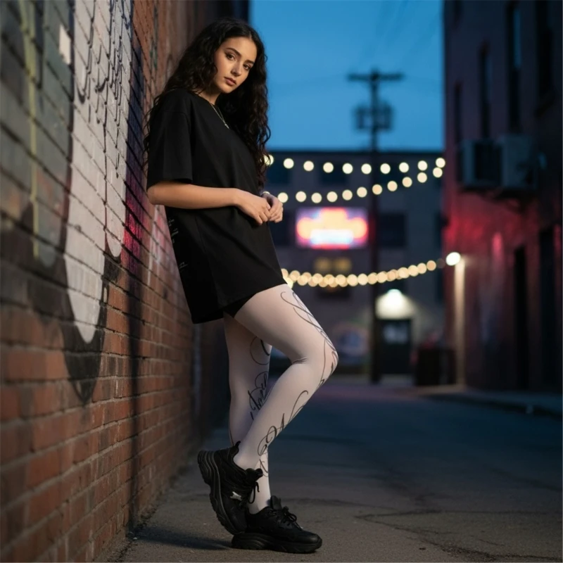Letter Printed Tights for Women Opaque Footed Tights Stretch High Waist Pantyhose Control Top Tights Thigh High Socks