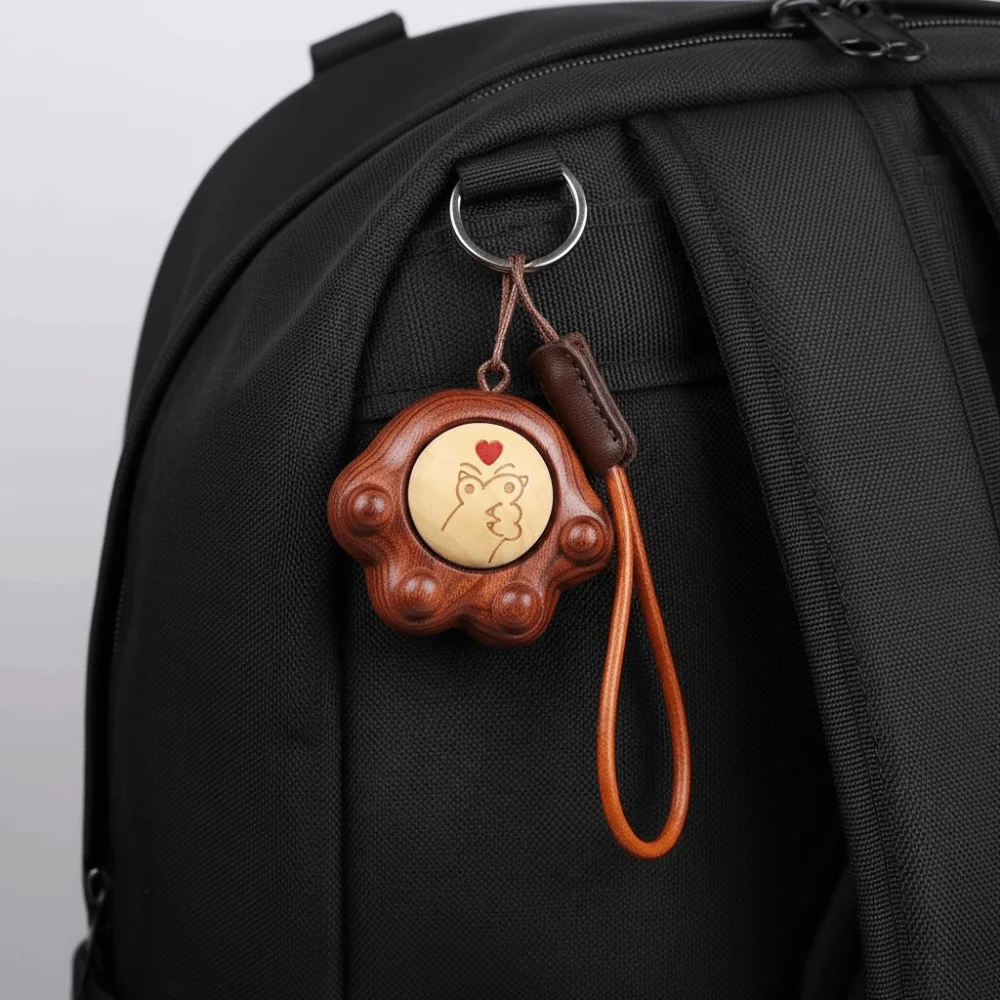 Animal Backpack Charm Miniature Cat Paw Clicker Handmade Cute Wood Carving Charm Kitten Tactile Fidget Key Ring Daily Carry
