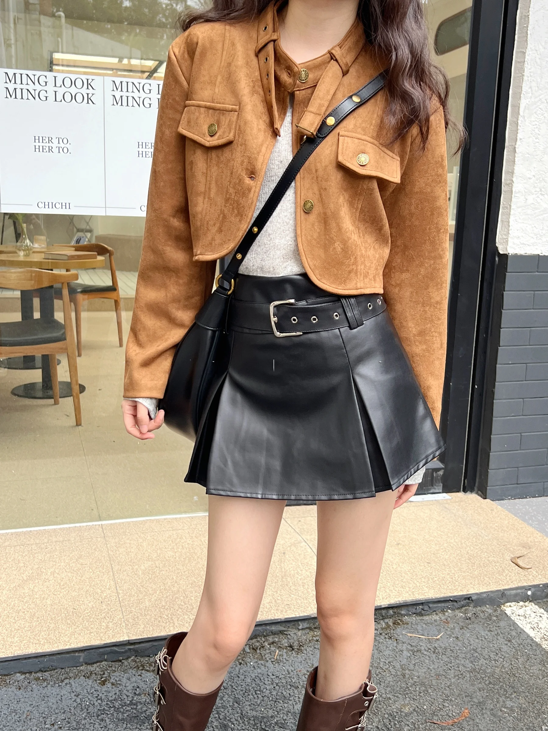 

Юбка-плиссе SALT из искусственной кожи с высокой талией, женская, весна-осень, с поясом, стройнящая, в стиле Sweet & Spicy Girl, А-силуэт