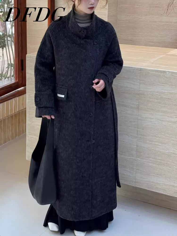 

DFDG Women’s Reversible Wool Coat Longline Belted Stand Collar Thermal Designer Double-Faced Trench HongKong Style 2025 FW Coat